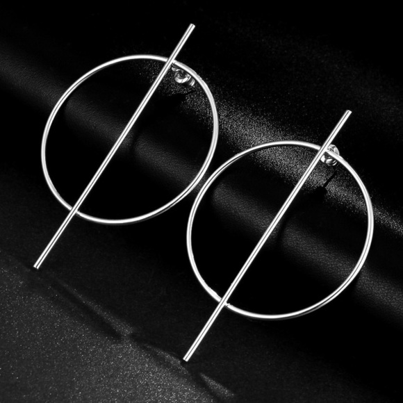 Any 2/$20! Large Silver Circle Vertical Bar Stud Earrings - Picture 4 of 8